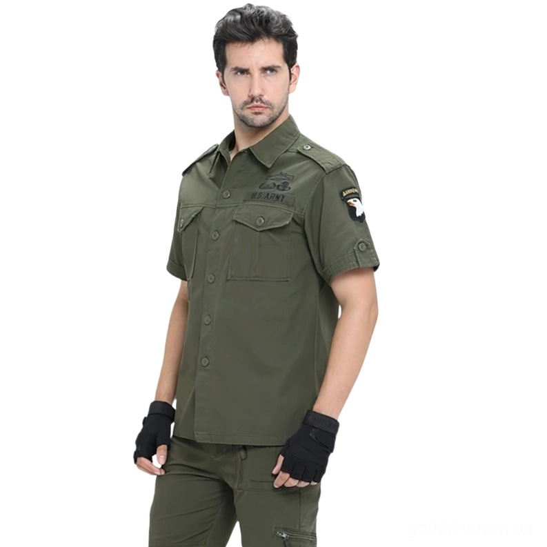 Armeegelb Gothic Military Tactical Hemd Ganzkörper-Outfit – Baumwollstoff mit doppelten Brusttaschen und Ärmeln Patches