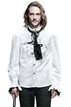 Herren-Gothic-Ascot-Krawatte in Schwarzweiß mit dramatischer Spitze und Rüschen, vollständige Vorderansicht auf männlichem Modell in Vintage-Formalkleidung mit Gehstock