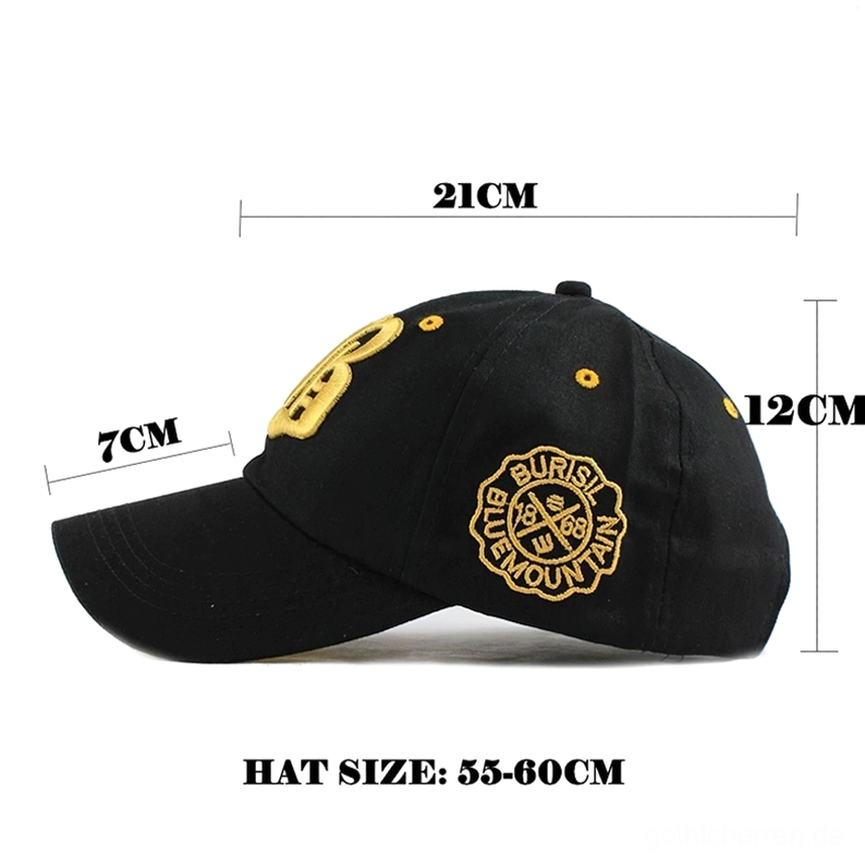 Gothic Baseball Kappe mit Größen-Referenz-Markierungen und Dimensions-Angaben 55-60cm Kopfumfang - Größenleitfaden und Passform