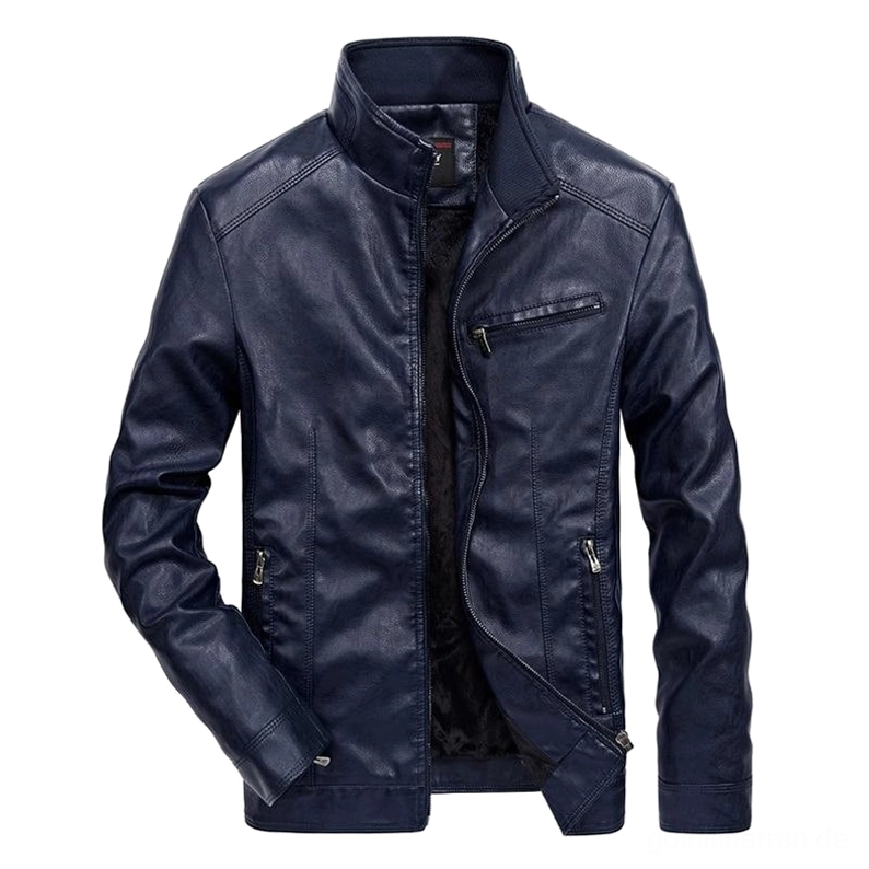 Herren Marineblau Gothic-Lederbiker-Jacke mit glattem Kunstleder-Finish, sichtbarem Polyester-Innenfutter und strategisch platzierten Reißverschlusstaschen