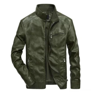 Herren Oliv-Grün Gothic-Biker-Lederjacke mit charakteristischem Stehkragen und Brust-Reißverschlusstasche, Alternative Motorradjacke