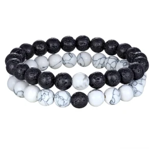 Schwarze Lava und weiße Howlite Gothic Pärchen-Armband - elastischer Stretch-Kord Naturstein-Set