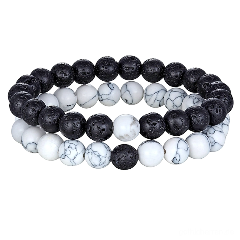Schwarze Lava und weiße Howlite Gothic Pärchen-Armband - elastischer Stretch-Kord Naturstein-Set