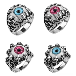 Mystischer gotischer Böser-Blick-Ring mit Spike-Details, blaues Kunstharz-Auge im Fokus, vintage silberfarbene Legierung mit karvier ten Texturen, alternatives Schmuck-Statement-Piece