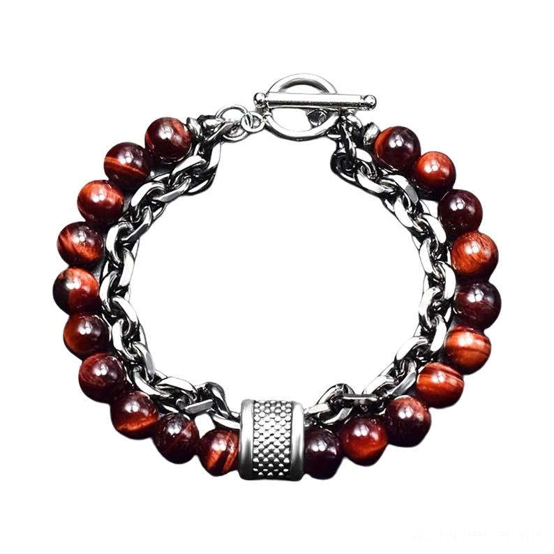 Burgunderrot glänzender Naturstein Perlen-Armband mit texturiertem Metallakzent – vintage Rock-Style gotisches Unisex-Armband
