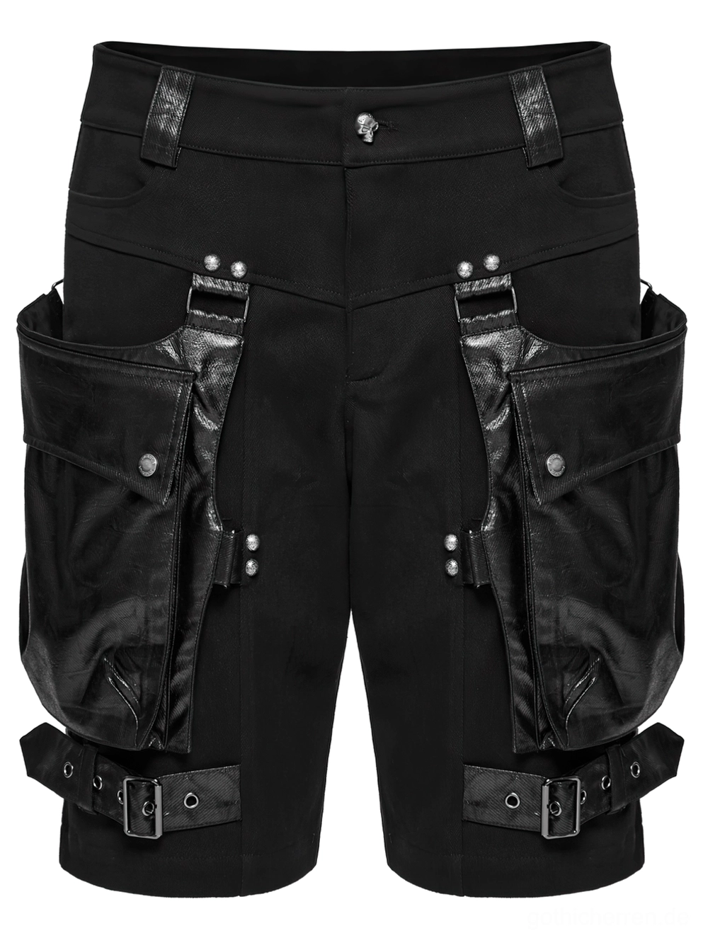 Vordere Schräganicht-Nahaufnahme schwarzer Gothic Cargo Shorts mit Kunstleder-Taillenband und Druckknöpfen an den Taschen