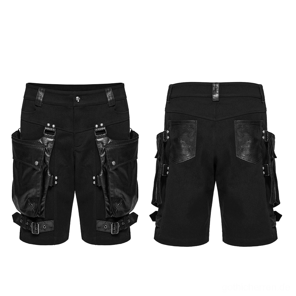 Flat Lay Vorder- und Rückansicht schwarze Gothic Cargo Shorts mit dualen Kunstleder-Taschen und Metall-Schnallentrimen auf weißem Hintergrund