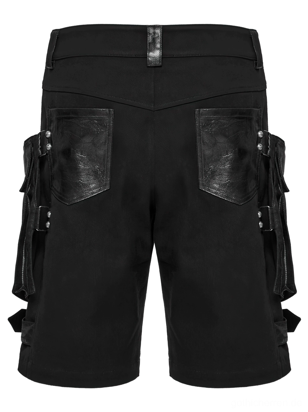 Rück-Flat-Ansicht schwarzer Gothic Cargo Shorts mit Kunstleder-Rückentaschen und Cargo-Hardware-Highlights