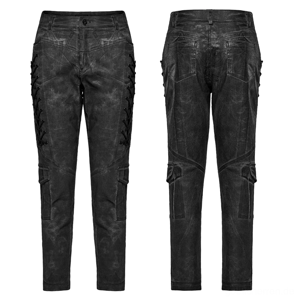 Graue distressed Gothic Cargohose Flat-Lay Gesamtansicht mit Seitentaschen und Lace-Up-Panels auf weißem Hintergrund