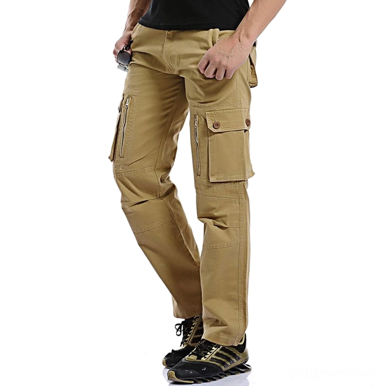 Khaki Military Cargohose Dreiviertelperspektive – Button-Flap Cargo-Taschen und Baumwoll-Twill Material