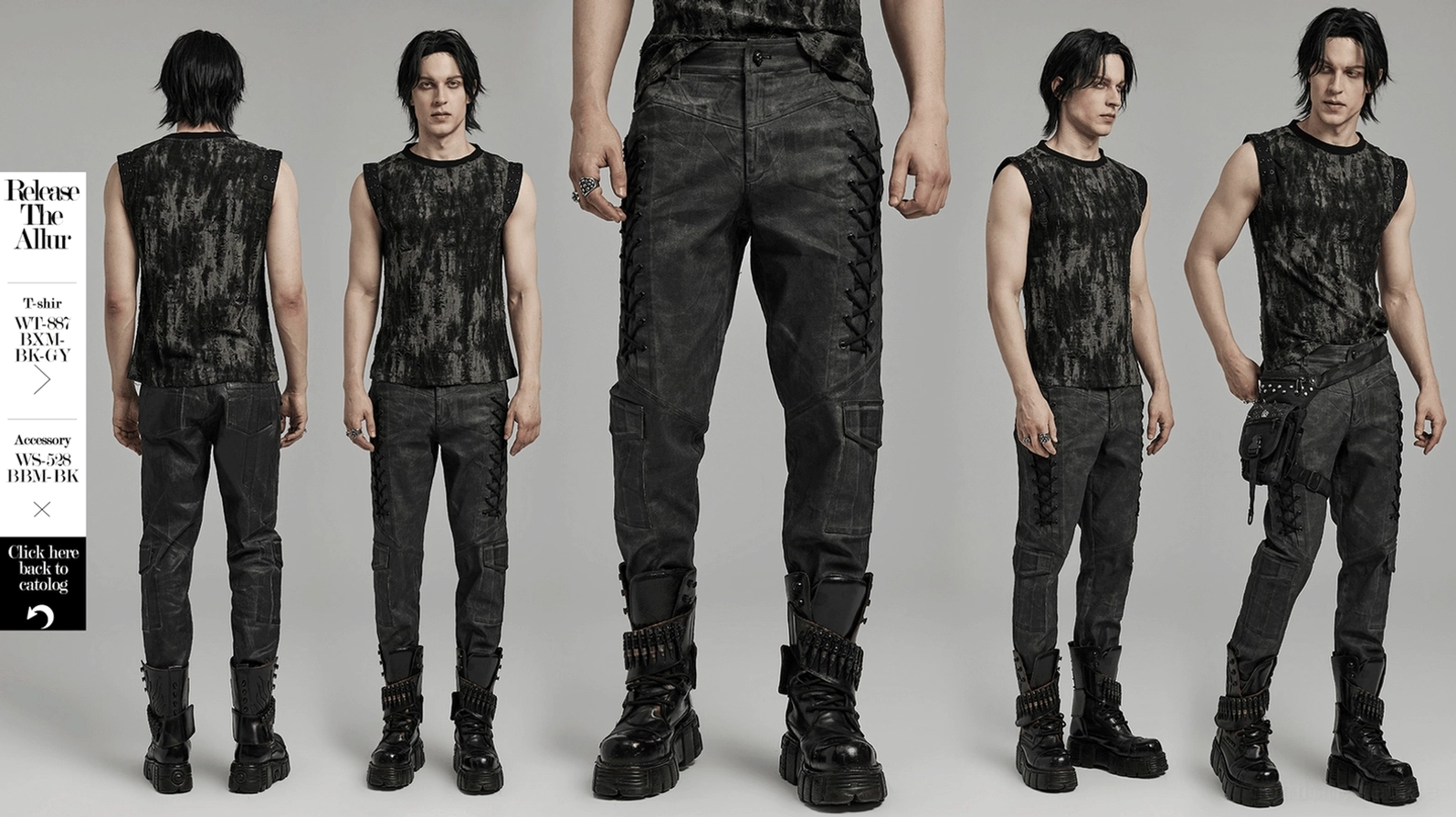 Primäransicht der distressed Gothic Cargohose in Grau mit Seitenschnürung-Trimm und charakteristischen Signature-Designelementen