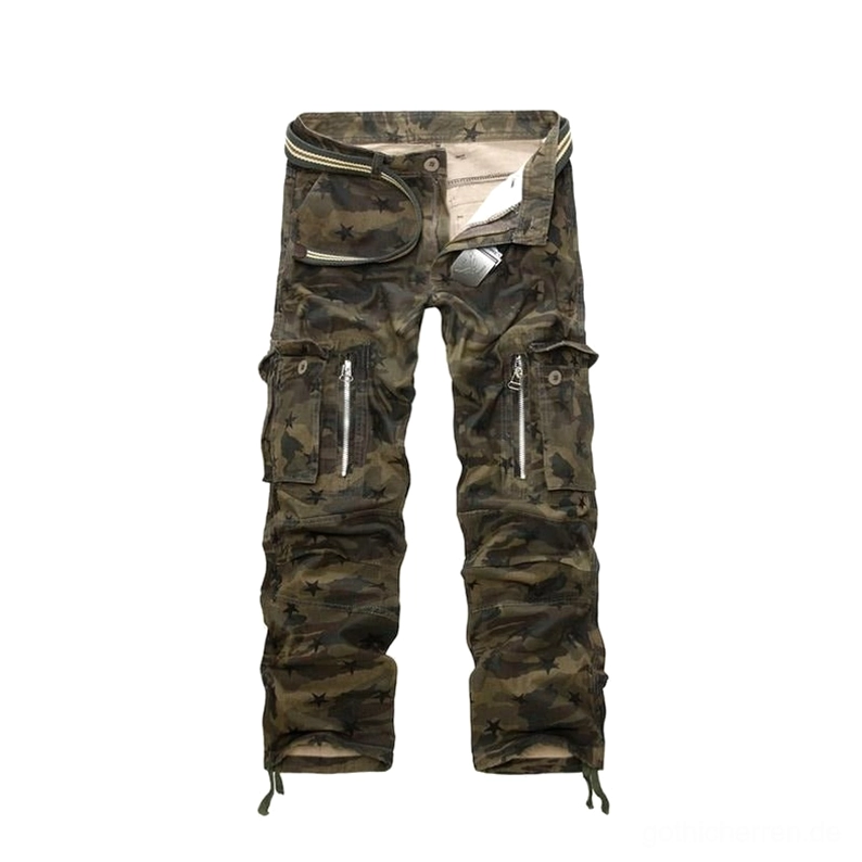 Camouflage Gothic Cargohose Vorderansicht – Star-Camo Muster mit Reißverschluss Cargo-Taschen und Kordelzug-Säume