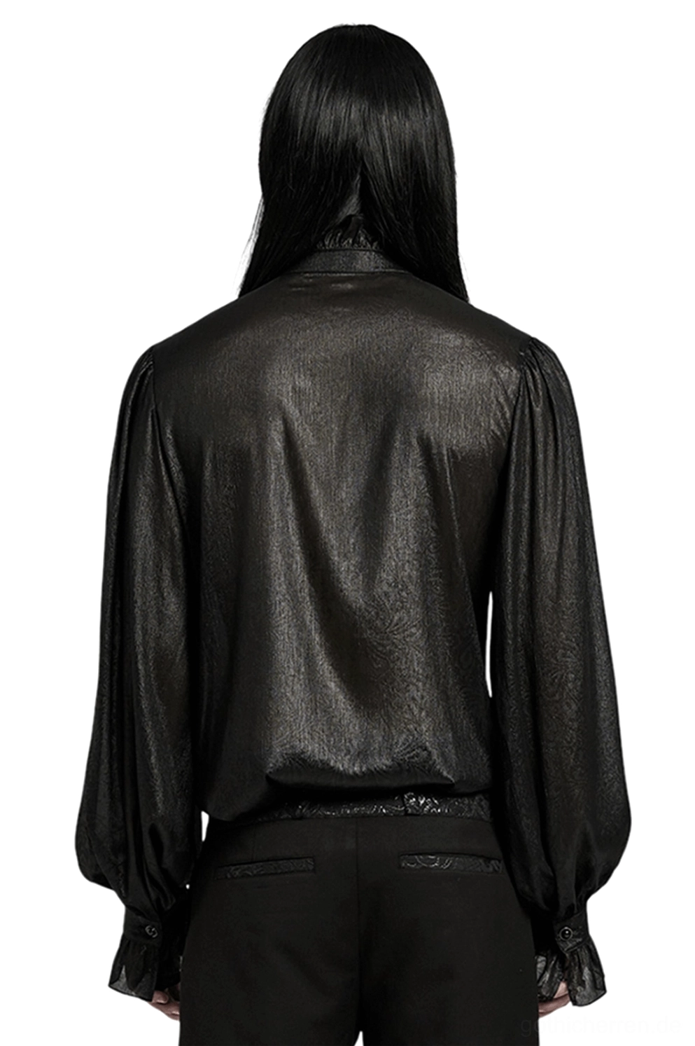 Gothic Chiffon Rüschenhemd Rückansicht hoher Stehkragen voluminöse Laternenpuff-Blasenärmel schwarze Chiffon strukturierte Silhouette