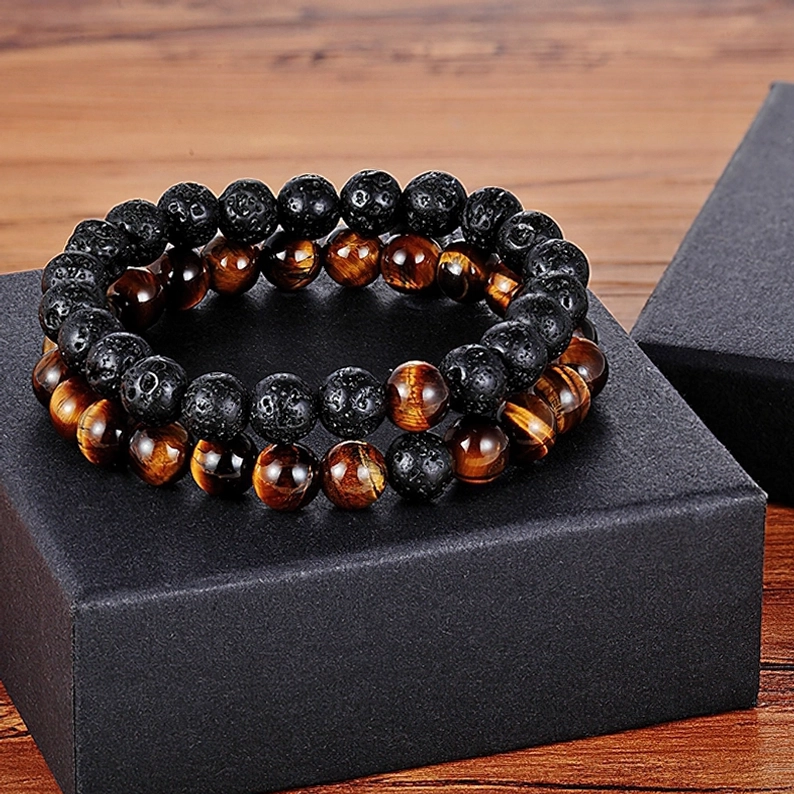 Gothic Pärchen-Distanz-Armband-Set - natürliche Stein-Perlen mit Federring-Verschlüssen