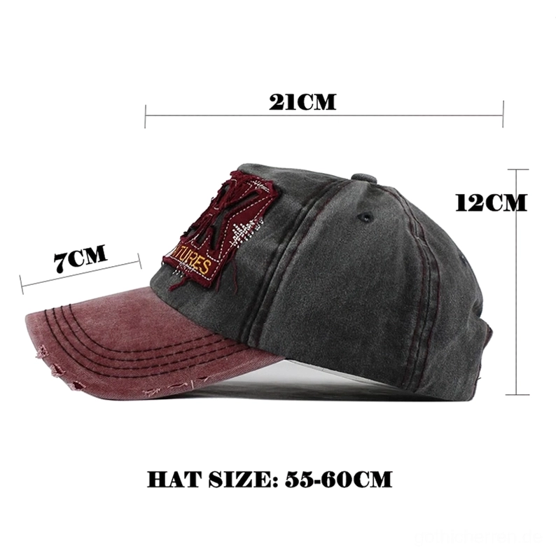 Gothic-Denim-Cap Seitenrückansicht mit Größenangaben und 55-60cm Kopfumfang-Messingskala für Größenbestimmung