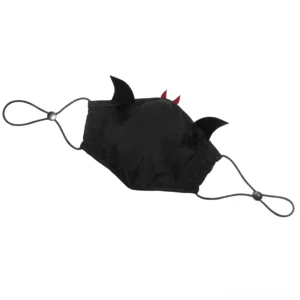 Schwarze Gothic Teufelsfügel Maske Seitenansicht flach verstellbare elastische Toggle-Schnalle Flügel-Applikationen karminrote Hörnchen Details