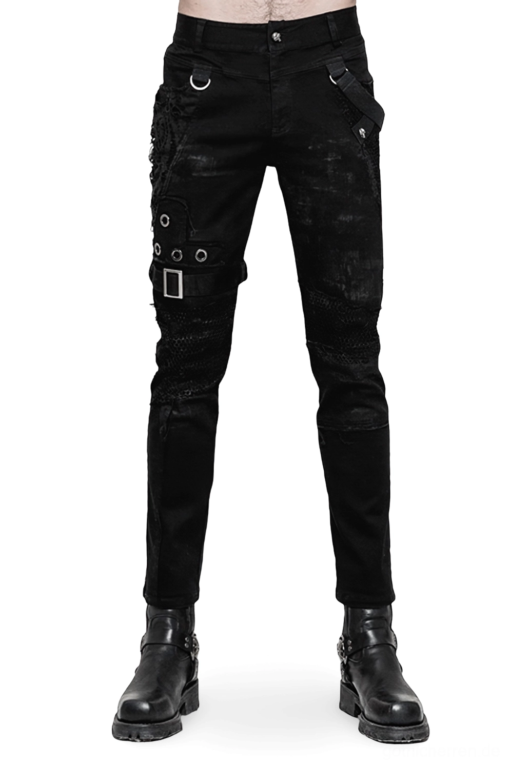 Vorderansicht schwarzer Gothic-Zerrissene-Jeans mit Mesh-Paneelen und Metallschnallen auf Weiß