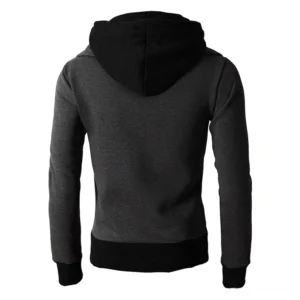 Herren Patchwork Zip-Kapuzenpullover Rückansicht Dunkelgrau schwarze Kapuze und Saum Gothic Ästhetik Designdetails