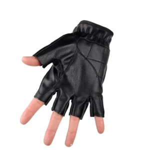 Schwarze PU-Leder Gothic Halbfinger Handschuhe flache Vorderansicht mit elastischer Manschette und freiliegenden Fingern, industrielle Ästhetik