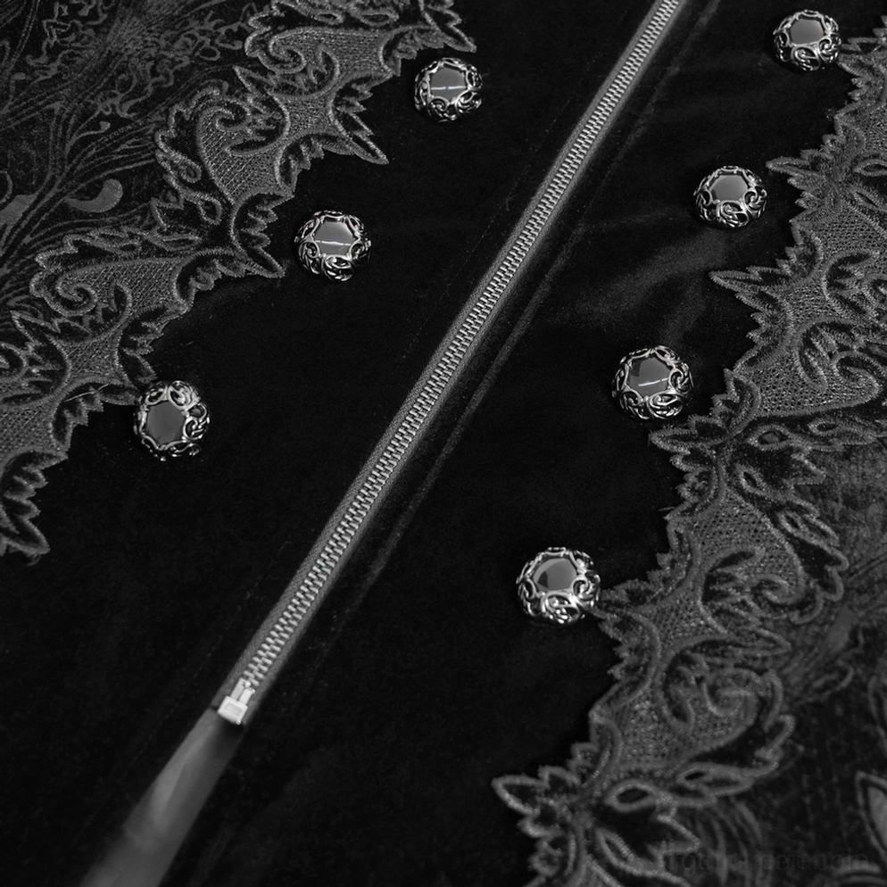 Gothic Frack ornamentale silberne Schädelmetallknöpfe und aufwendiges Spitzen-Brokat-Besatz-Nahaufnahme-Detail