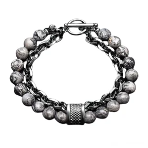 Grau gestreifter Naturstein Perlen-Armband mit texturiertem Metallakzent – unisex Edelstahl Gothic-Armband für alternative Mode