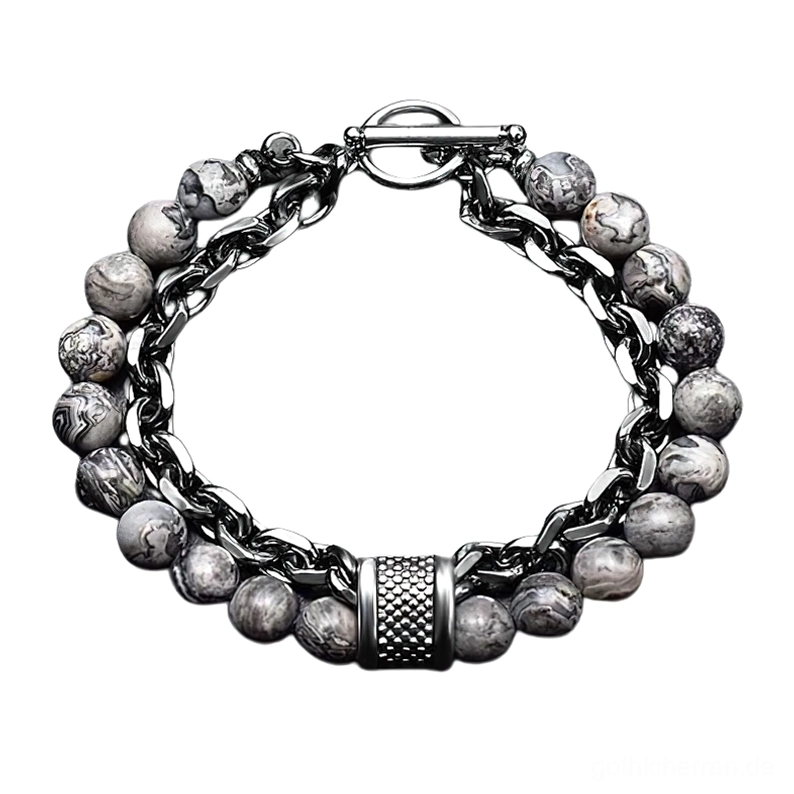 Grau gestreifter Naturstein Perlen-Armband mit texturiertem Metallakzent – unisex Edelstahl Gothic-Armband für alternative Mode