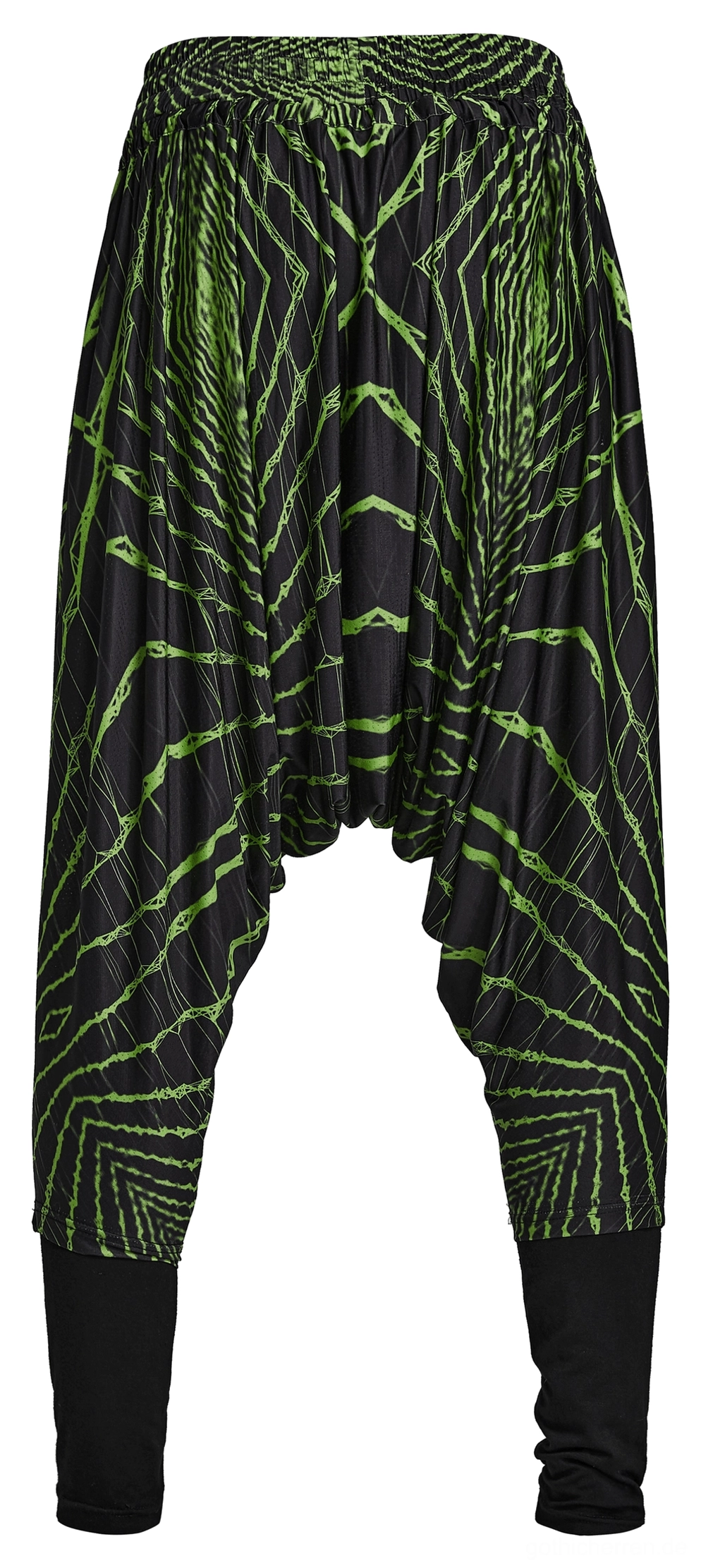 Gothic Haremshose Front-Seitenansicht zeigt hochgezogenen elastischen Bund und layertes Legging-Konstruktions-System, Pluderhose Taillennähe