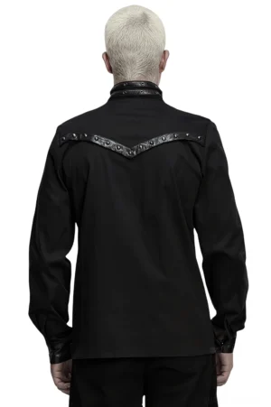 Gothic Cyberpunk Hemd Rückansicht mit Chevron Kunstleder Trim und architektonischem Rückendesign, dunkle alternative Modenummer