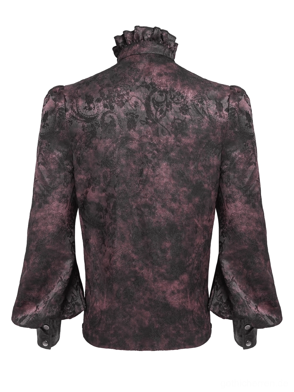 Rückseitige Flachansicht viktorianisches Gothic Hemd mit burgundem Jacquard-Stoff, manschettengeknöpfte Bischofärmel und gotische Details