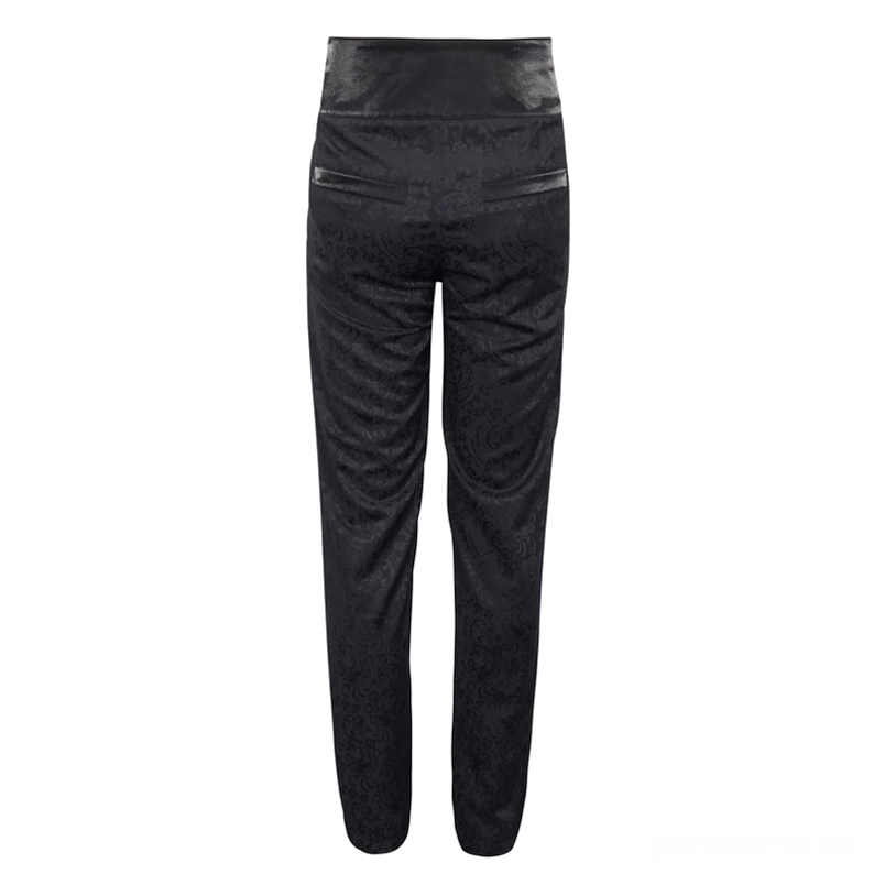 Flat-Lay Rückansicht schwarze Gothic Herrenhose mit Satin-Taillenbund, zwei hinteren Taschen und subtiler Jacquard-Textur