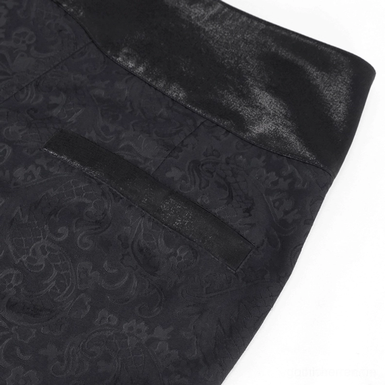 Detailaufnahme hintere Tasche und Satin-Taillenbund schwarzer Gothic Herrenhose mit Jacquard-Webmuster und Kontrast-Trim