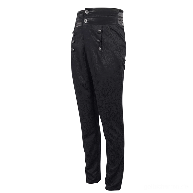 Seitenansicht schwarze Gothic Herrenhose mit Jacquard-Webstoff, mehreren Schmuckknöpfen und verjüngtem geraden Beinabschluss