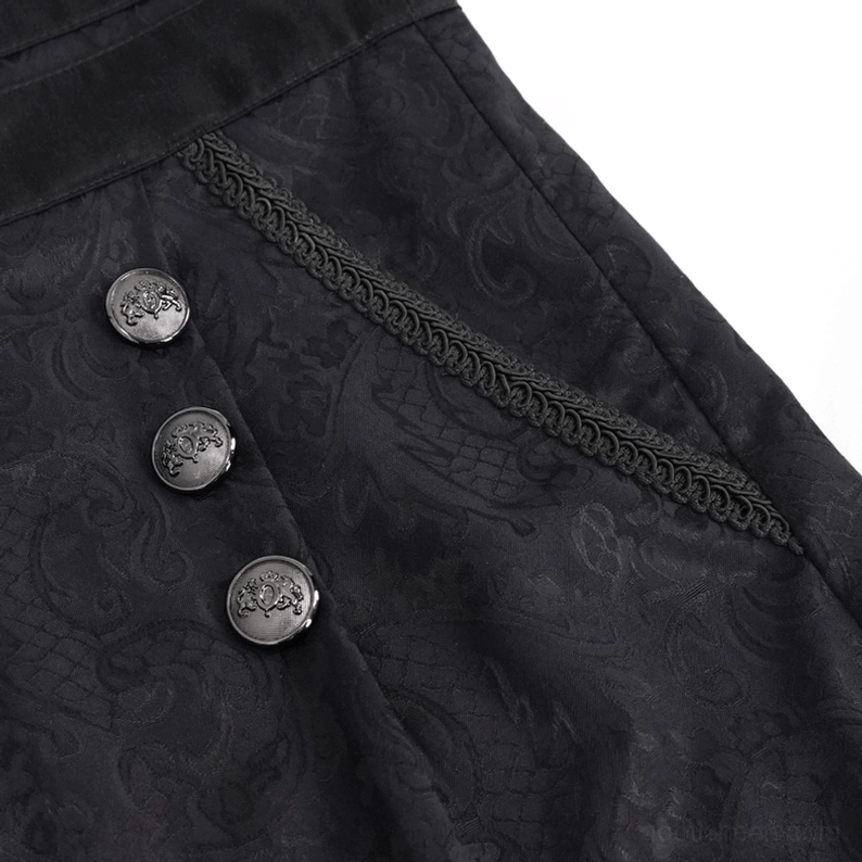 Nahaufnahme vorderer Schmuckknopf mit Erhabenheit und Zopf-Trim-Akzent schwarzer Gothic Jacquard Herrenhose