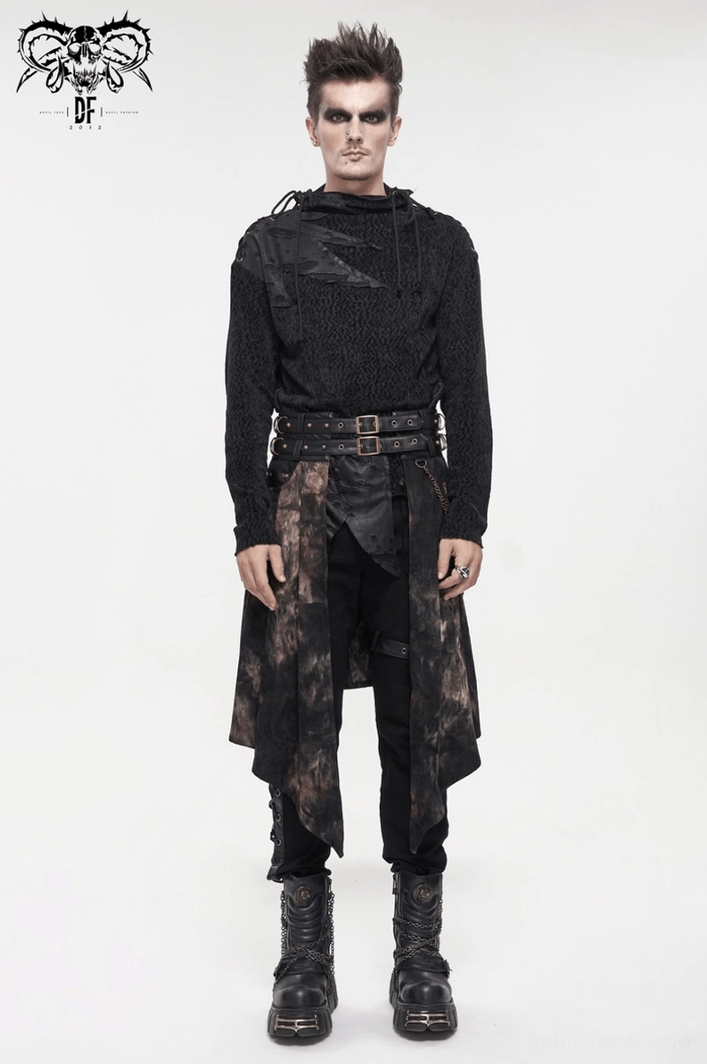 Asymmetrischer schwarzer Gothic Herrenrock für Männer – Ganzkörper-Vorderansicht mit dramatischer Silhouette und Dark-Fashion-Ästhetik