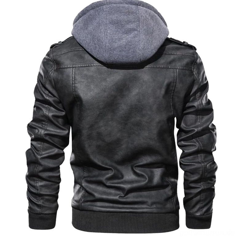 Gothic kapuzen kunstleder biker jacke nahaufnahme zeigt authentische kunstleder textur und kapuzen konstruktion