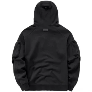 Gothic-Hoodie Rückansicht mit Raglan-Ärmeln strukturelles Design schwarze Farbe Rückseite