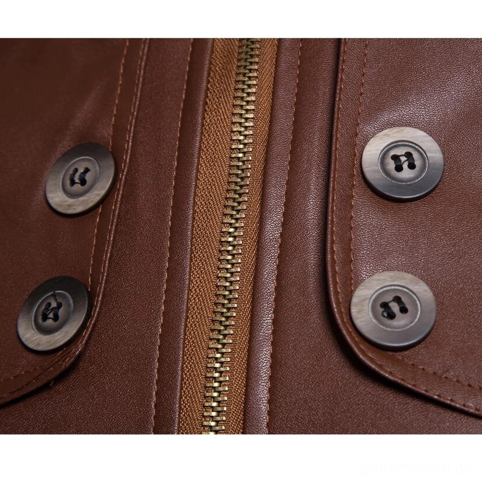 Frontreißverschluss und dekorative Knopfdetails auf Herren-Gothic-PU-Leder-Biker-Jacke - Metallverschluss Nahaufnahme