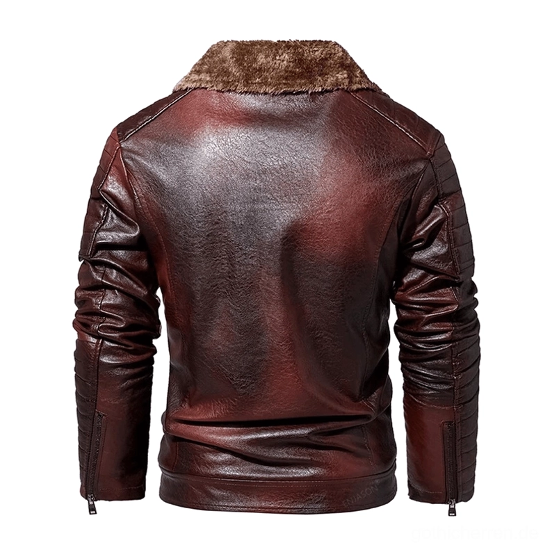 Vollständige Rückansicht der Gothic-Lederjacke in Rot-Braun mit Pelzkragen und Reißverschluss-Manschetten-Details – zeigt Gesamtsilhouette und Konstruktionsmerkmale