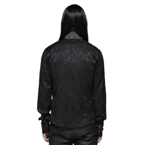 Gothic Jacquard Hemd Rückansicht auf Model, zeigt vollständiges Jacquard-Stoffmuster mit Drachen-Satin, verstellbare Metallschnallen an langen Ärmeln