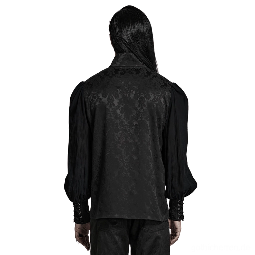Gothic Jacquard Hemd Rückansicht zeigt asymmetrischen spitzen Saum und volles Jacquard Muster auf dem Rücken des Models
