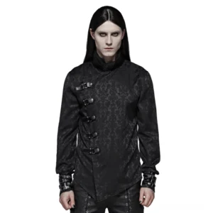 Gothic Jacquard Hemd mit asymmetrischem Leder-Schnallenverschluss in Frontansicht auf männlichem Model, zeigt florales Drachenmuster und vertikalen Stehkragen