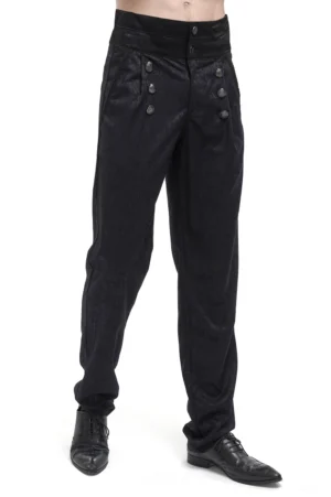 Vorderansicht schwarze Gothic Jacquard Herrenhose mit hoher Taille und doppelreihigen Schmuckknöpfen, getragen von männlichem Modell mit formalen Lederschuhen