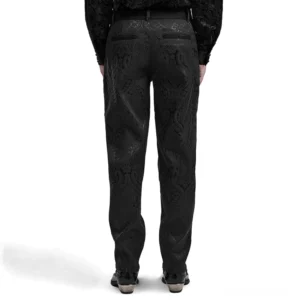 Gothic schwarze Jacquard Paisley Röhrenhose gerade Beinform Rückenansicht hochsitzender Bund Herren