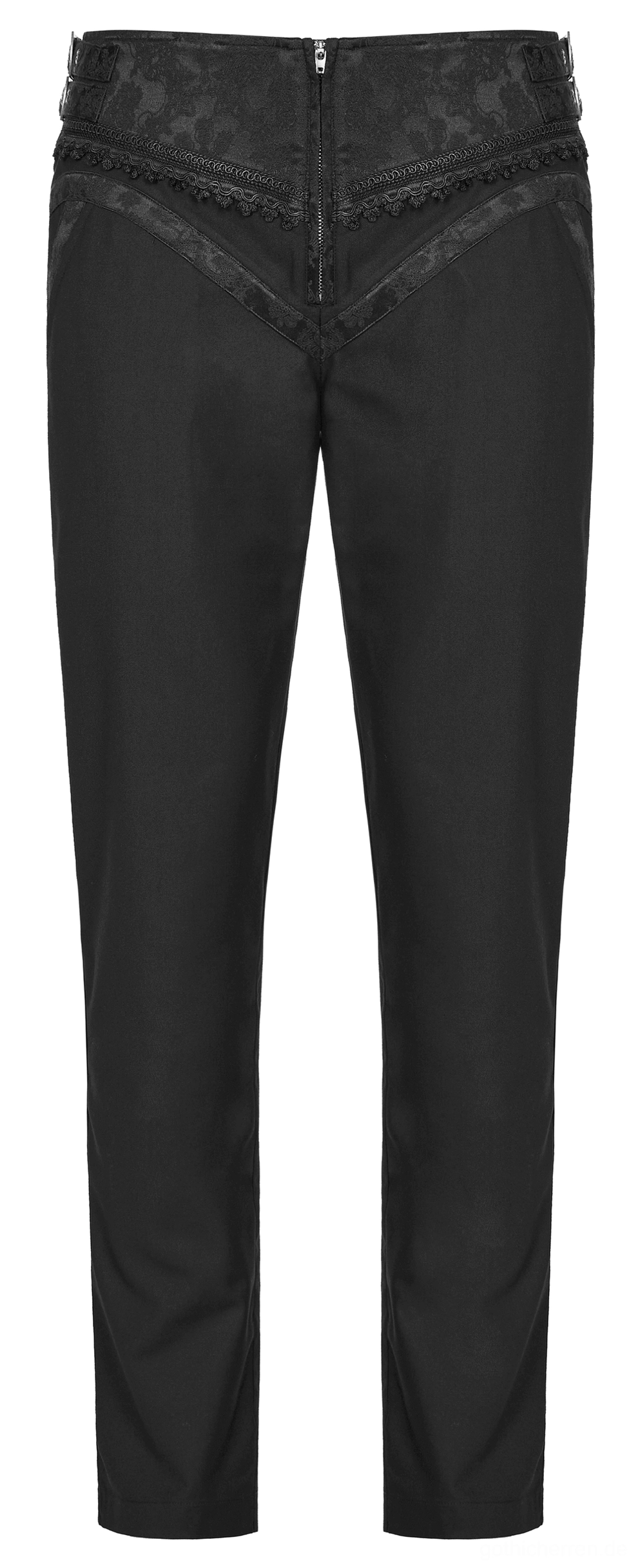 Gothic Slim-Fit Röhrenhose Vorder-Flat-Lay, verborgenener Reißverschluss und Jacquard Taillenband