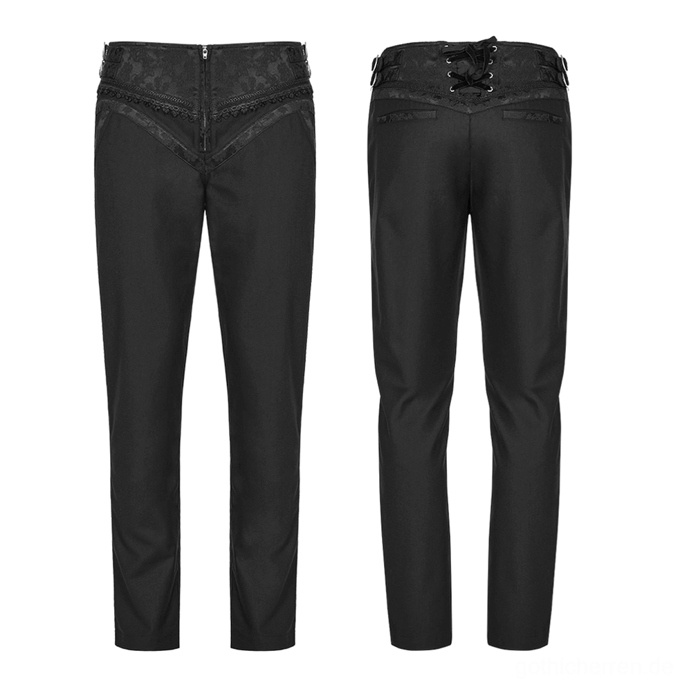 Gothic Slim-Fit Jacquard Röhrenhose Flat Lay, Vorder- und Rückansicht, vollständige schwarze Hosenstruktur