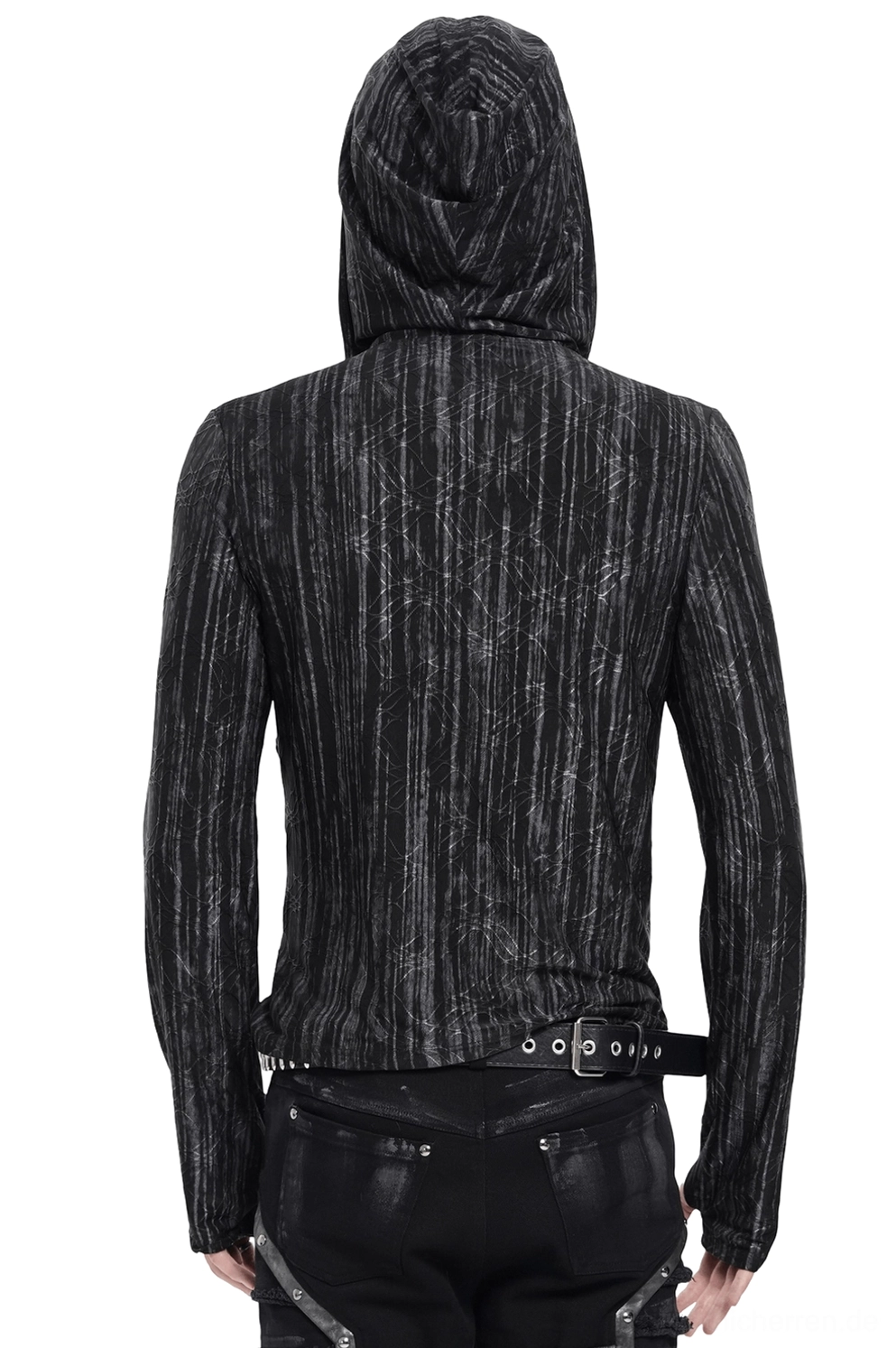 Schwarzer gestreifter Gothic Kapuzenpullover mit taillierter Silhouette und strukturierter Kapuze, Rückansicht auf Mannequin zeigt Hoodkonstruktion