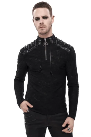 Gothic Herren Kapuzenpullover Vorderansicht mit Halbzip-Kragen, Schulter-Schnürungsdetail und Pentagramm-Anhänger auf männlichem Modell
