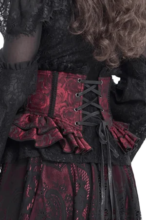 Gothic Korsettgürtel Rückansicht mit Schnürrücken-Verschlussmechanismus, weinrotes Rosen-Brokattextil mit gestuften Rüschen-Details und schwarzer Spitzeneinfassung