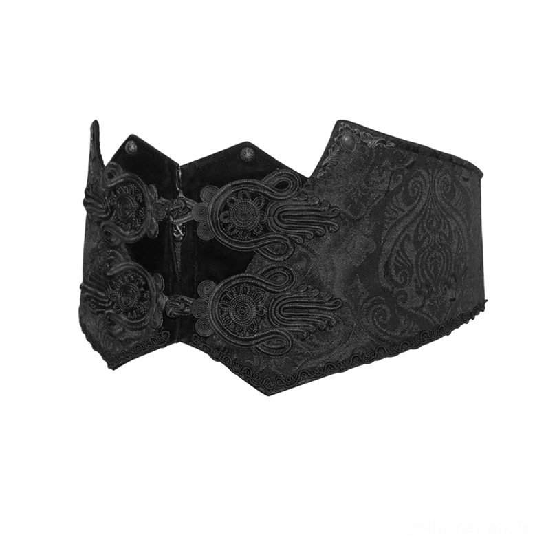 Schräge Flatlay-Aufnahme des Gothic Taillengürtels mit hervortretenden spitz zulaufenden Verzierungen und texturierter Brokat-Webtechnik