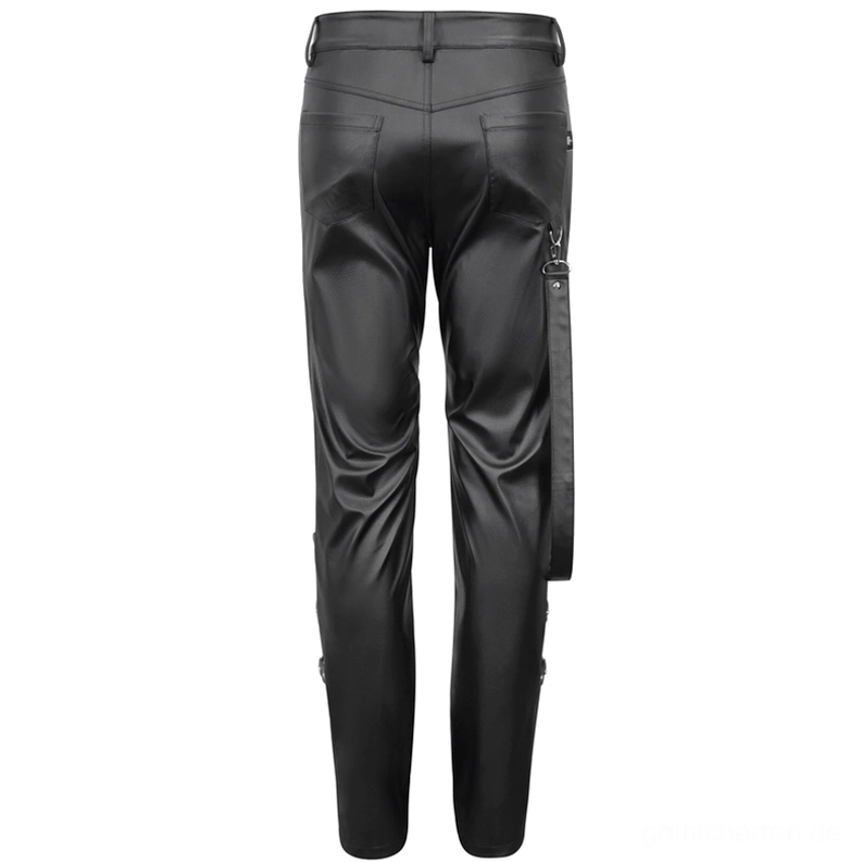 Rückansicht der schwarzen Kunstleder-Gothic-Hose mit hinteren Taschen, hängenden Seitengurten und schlanker maßgeschneiderter Passform